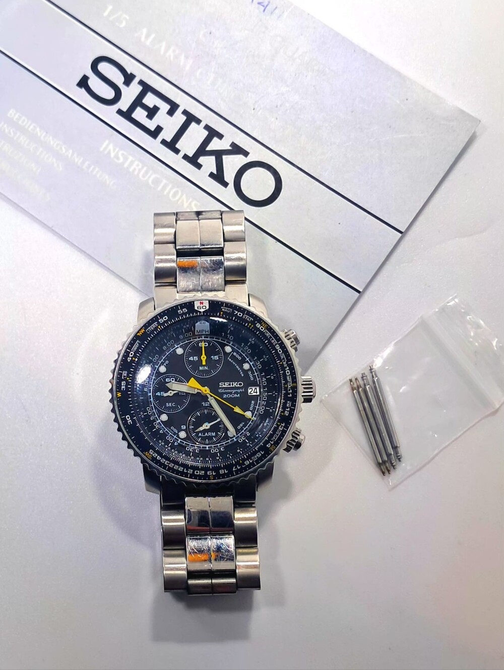 Seiko Flightmaster SNA411 Chronograph Watch – With Manual & Spare Spring Bars